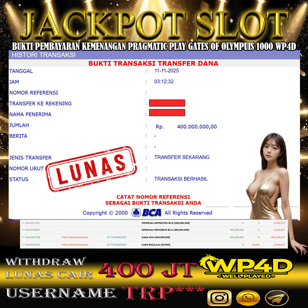 WP4D JACKPOT PRAGMATIC PLAY GATES OF OLYMPUS 1000 Rp.400.000.000,- LUNAS